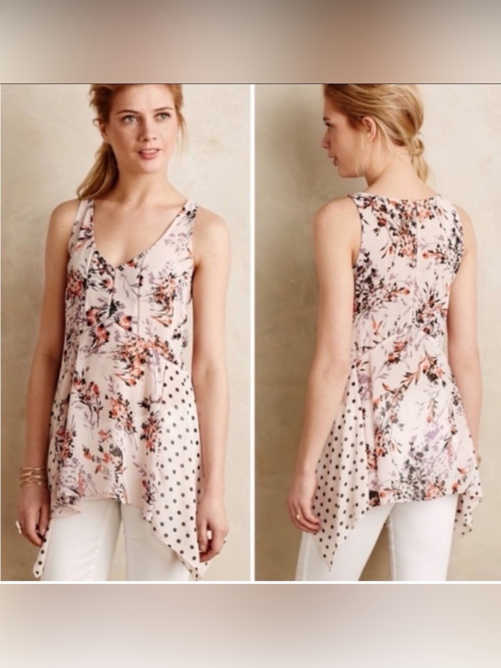 Anthropologie Vanessa Virginia Garden Pop Sheer Floral Poka Dot Pleated Tank M